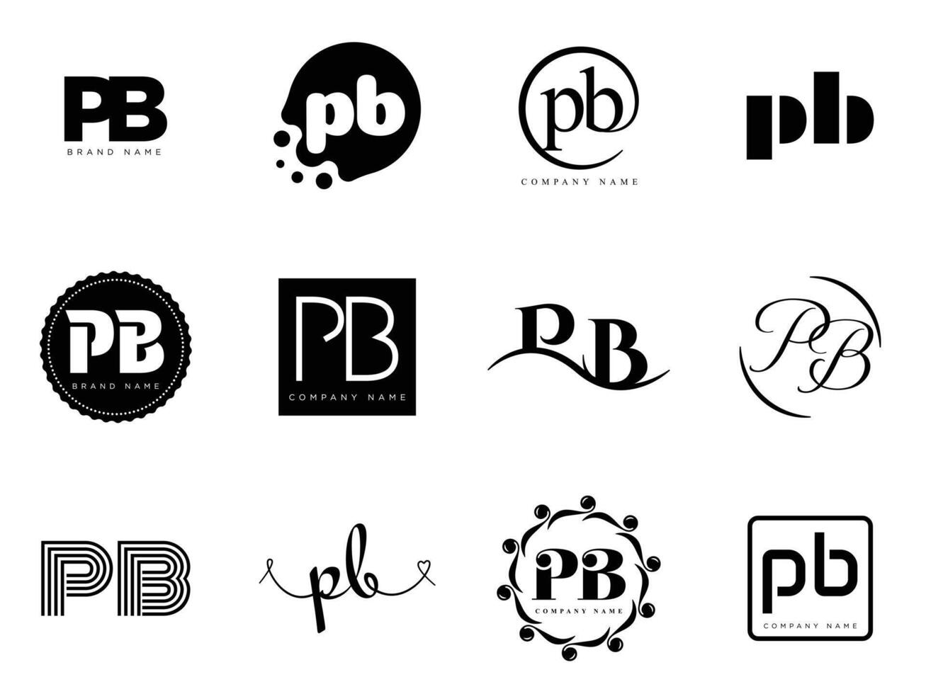 PB logo company template. Letter p and b logotype. Set different classic serif lettering and modern bold text with design elements. Initial font typography. vector