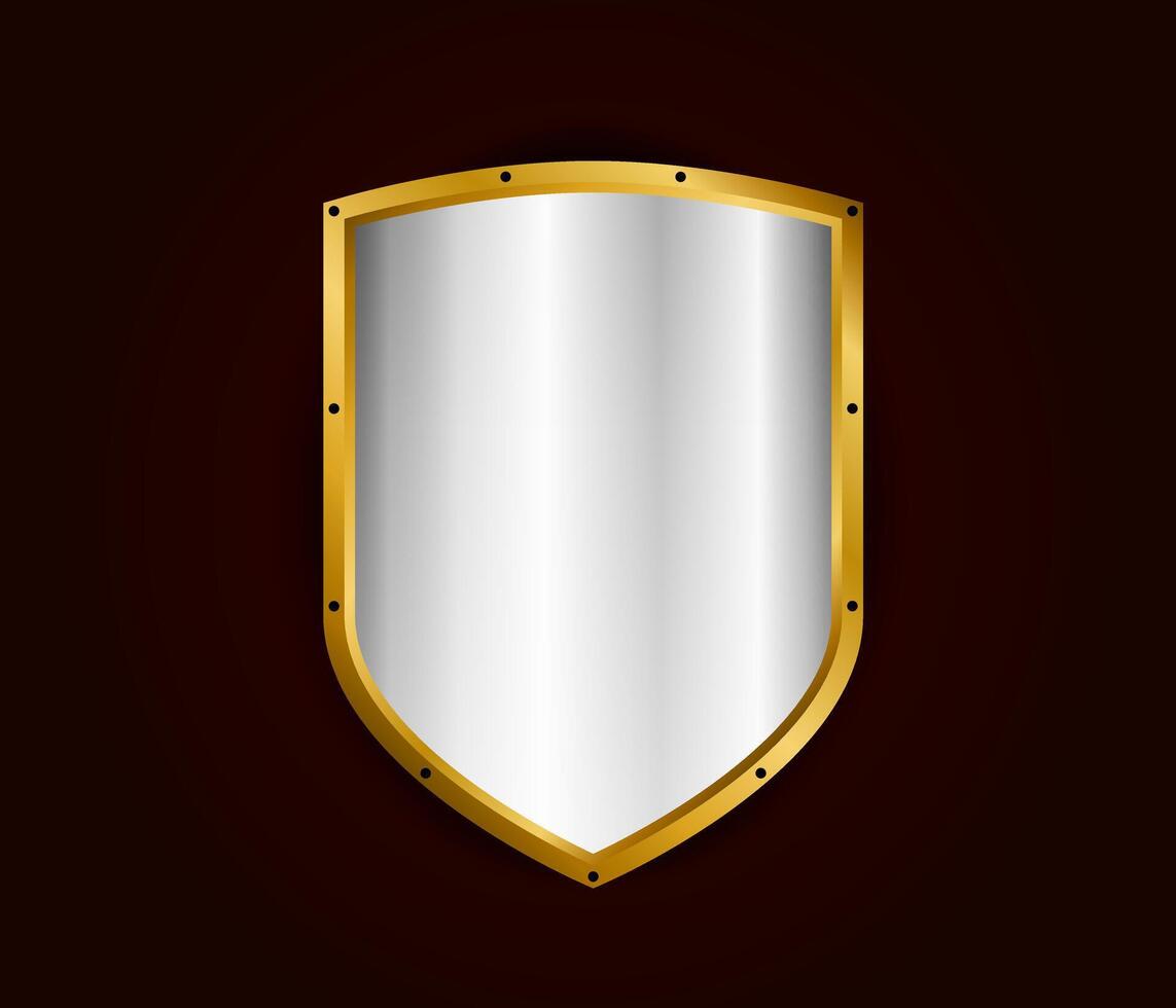 Metal realistic shield illustration. Silver with gold royal design. Security and safety symbol template vector