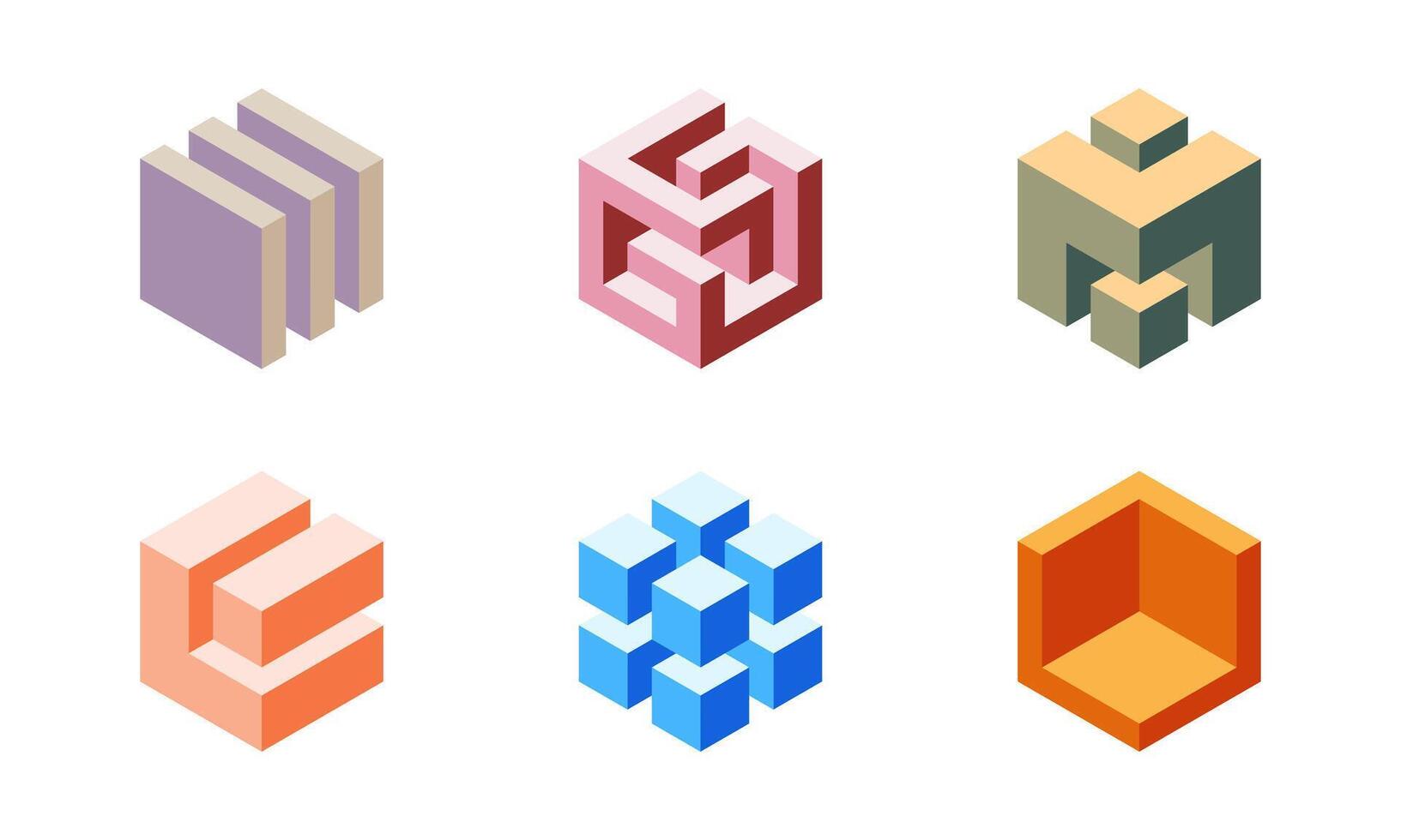 Cube logo, geometric design. Set box logotype company, trendy techno emblem in isometric 3D style. vector