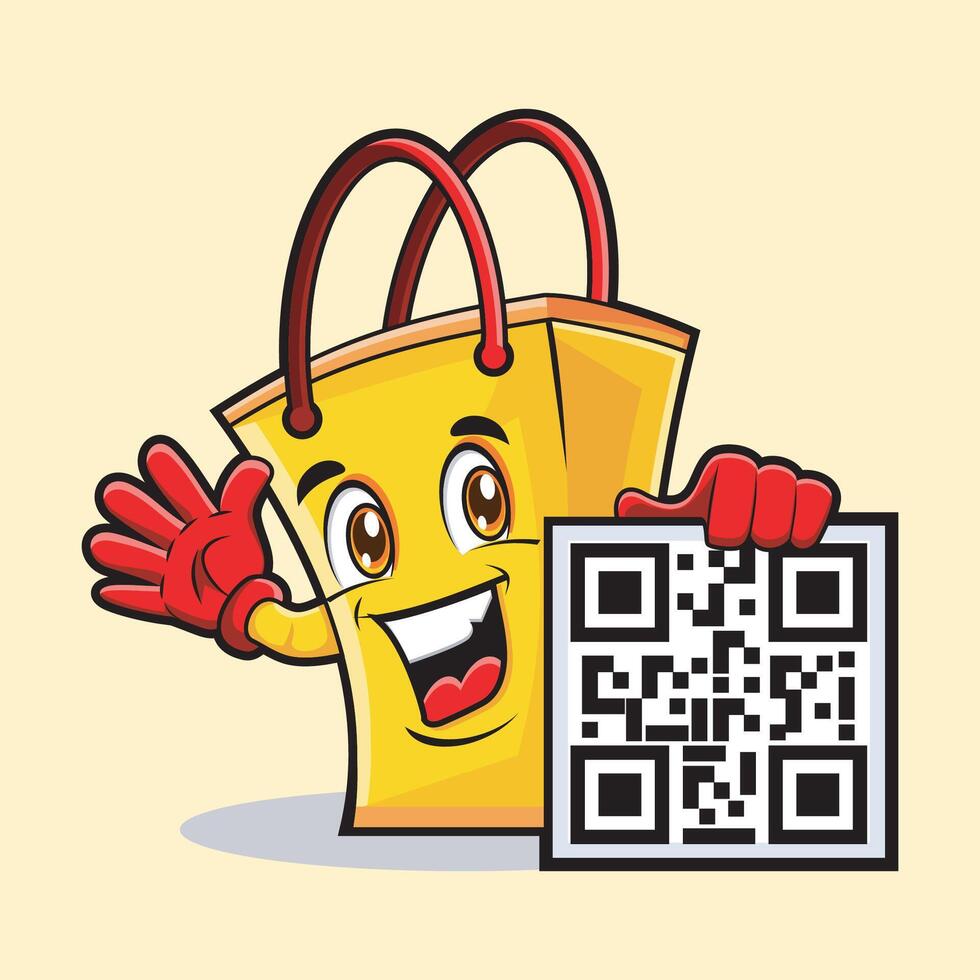 Happy Shopping bag mascot with QR code vector