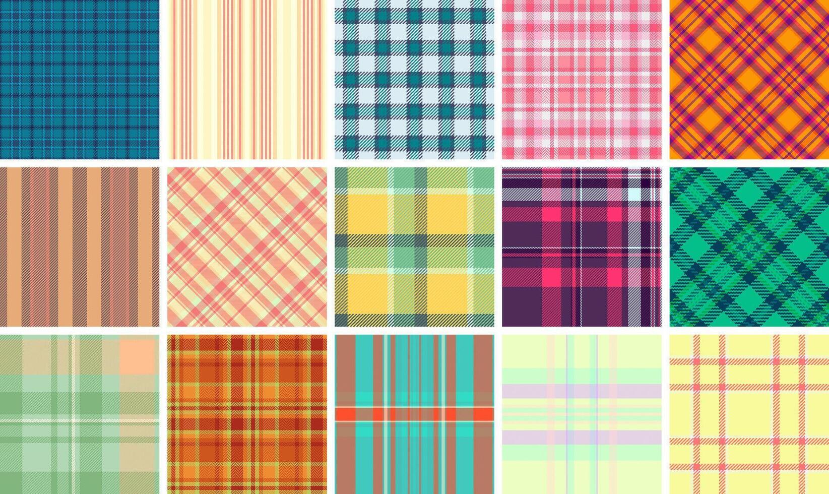 Geometric plaid pattern collection in bold colors, ideal for textile, clothing, or repeating wallpaper prints with a trendy touch. vector