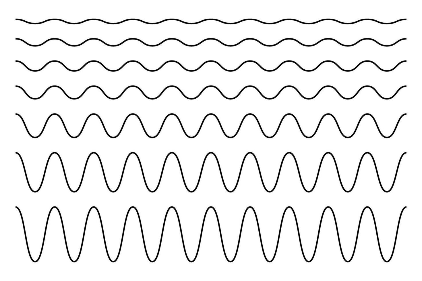 Set of horizontal wavy lines. Undulate borders. Sine or cosine curves. Water, fluid, air or wind symbols. River, sea, lake or ocean signs isolated on white background vector