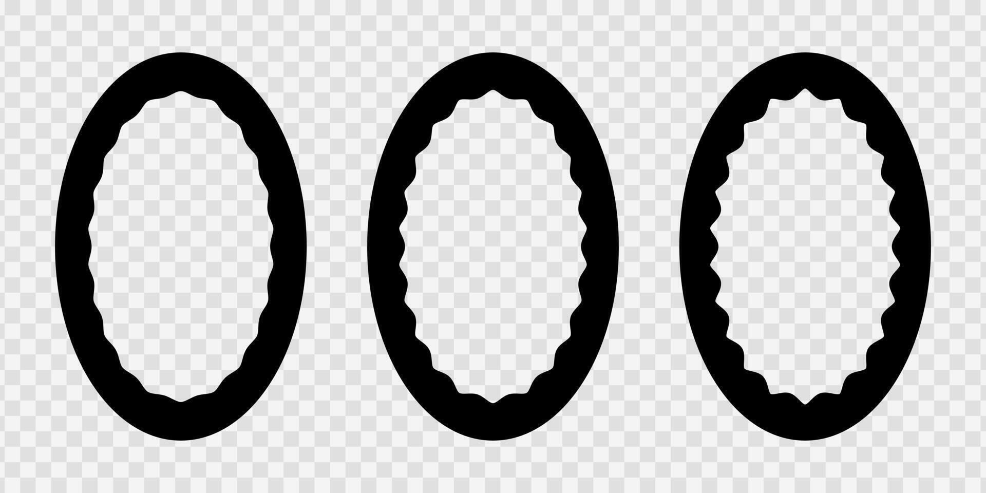 Set of oval photo or picture frames with wavy inner borders. Vignette, mirror or text box frameworks. Decoration design elements isolated on transparent background. illustration vector