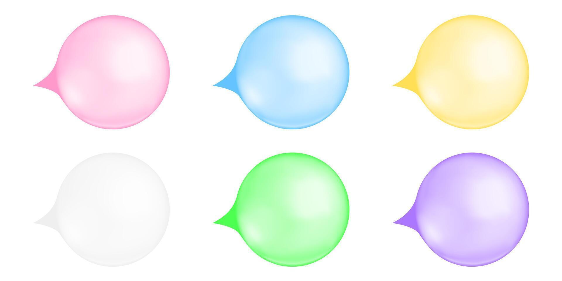 Set of inflated bubble gums. Pink, blue, yellow, white, green, purple chewing bubblegum balls isolated on white background. Cute girly design element. realistic illustration vector