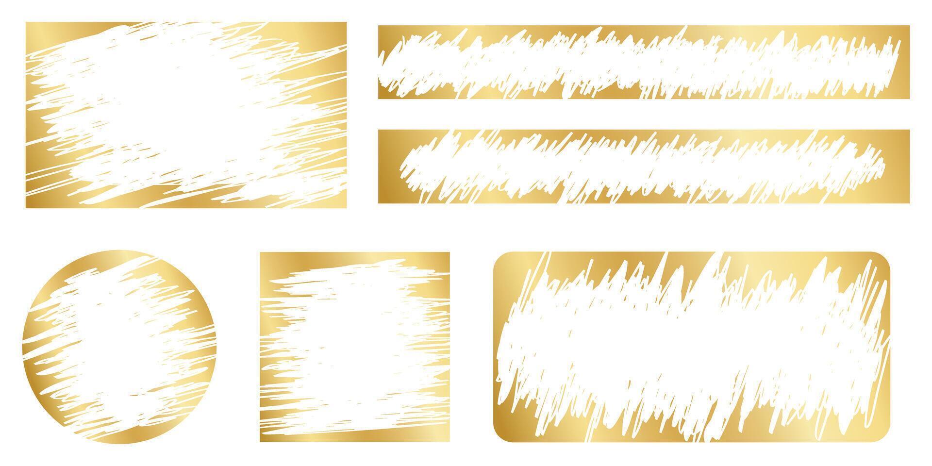 Set of golden scratch card surfaces with scraped textures isolated on white background. Collection of lotto winner, money prize, sale coupon, jackpot scratchcards templates. illustration vector