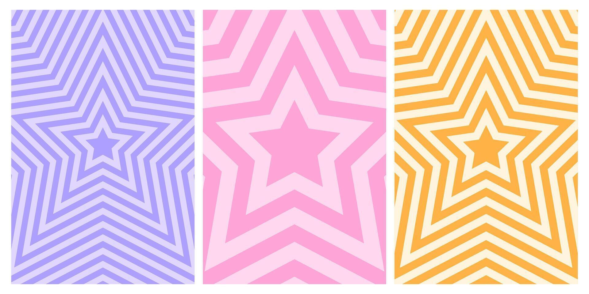 Set of posters with concentric stars. Trendy y2k patterns in pastel colors. Trippy psychedelic wallpaper designs. Aesthetic backgrounds with hypnotic effects vector