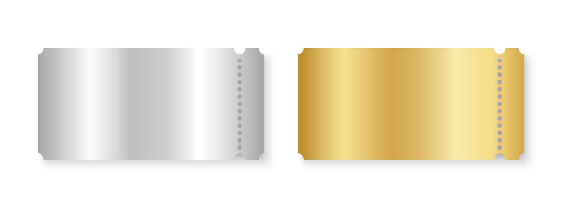 Silver and gold ticket mockups. Shining metallic raffle, win lottery, coupon offer, jackpot lotto templates. Cards for entrance or seating in luxury style. realistic illustration vector