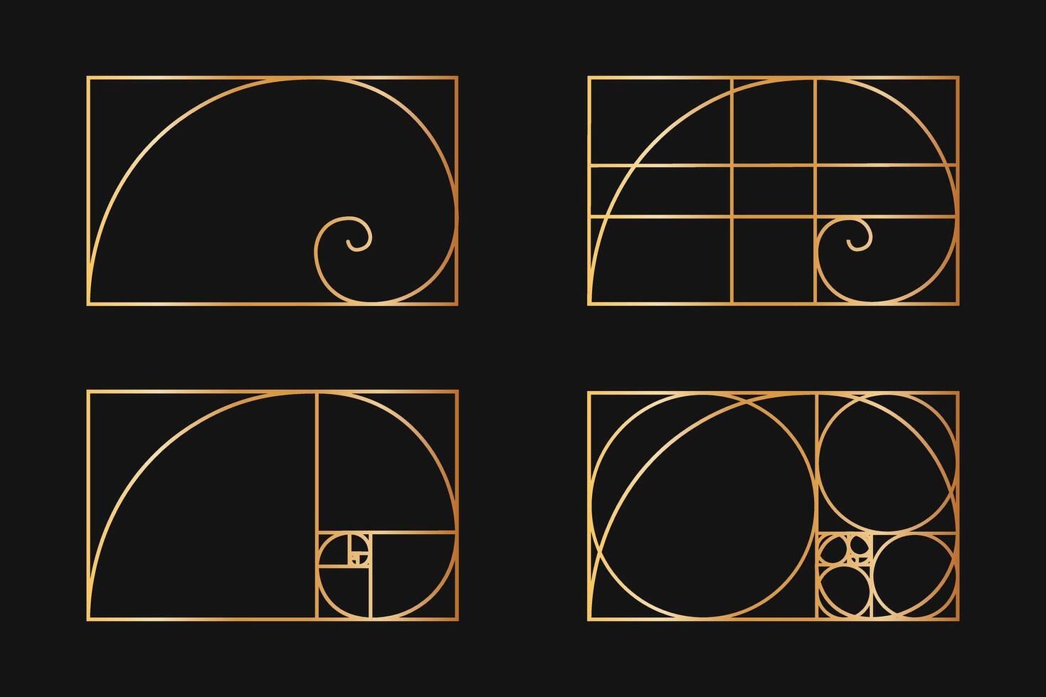Golden ratio templates. Logarithmic spirals in rectangle frames divided on lines, squares and circles. Fibonacci sequence grids. Ideal harmony, symmetry proportions layouts vector