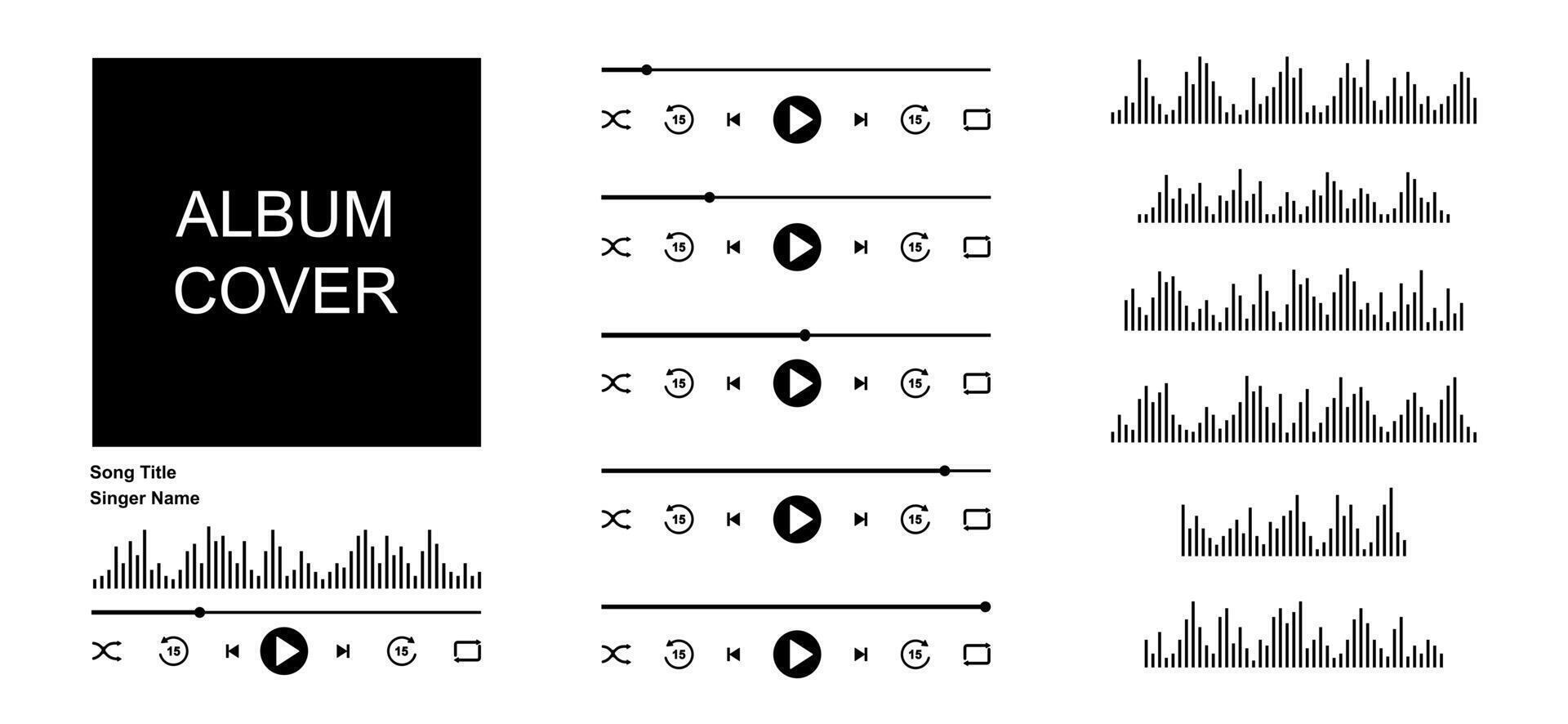 Music mp3 player interface with album cover frame, buttons, progress bar and equalizer. Simple song track template creator with elements. Audio playback design on mobile app vector