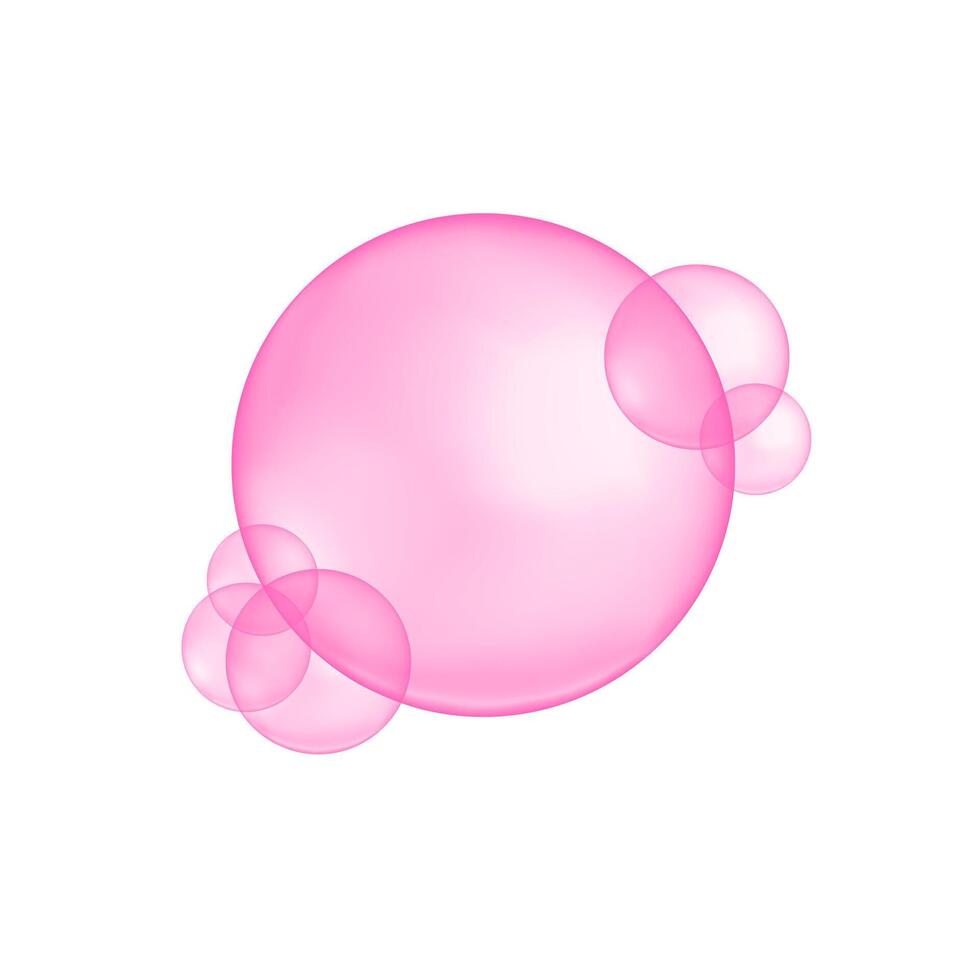 Pink cherry or strawberry chewing gum bubbles. Elements of soap foam, bath suds, cleanser liquid, sweet fizzy water. Glutathione, bakuchiol, rose oil, serum texture. realistic illustration vector