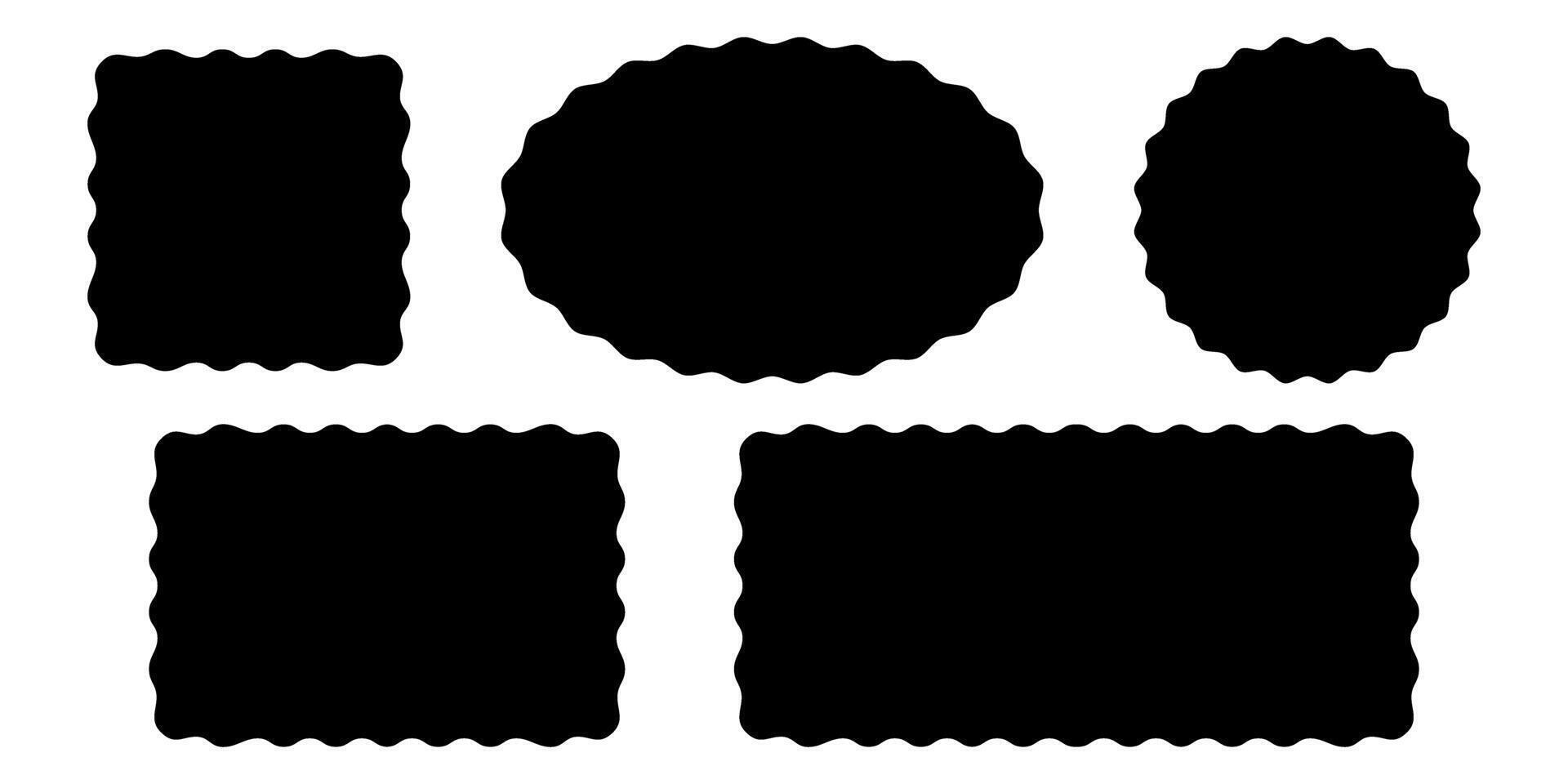 Set of square, rectangle, circle and oval shapes with wavy edges. Empty text boxes, tags, labels or stickers templates with undulate borders isolated on white background. graphic illustration vector