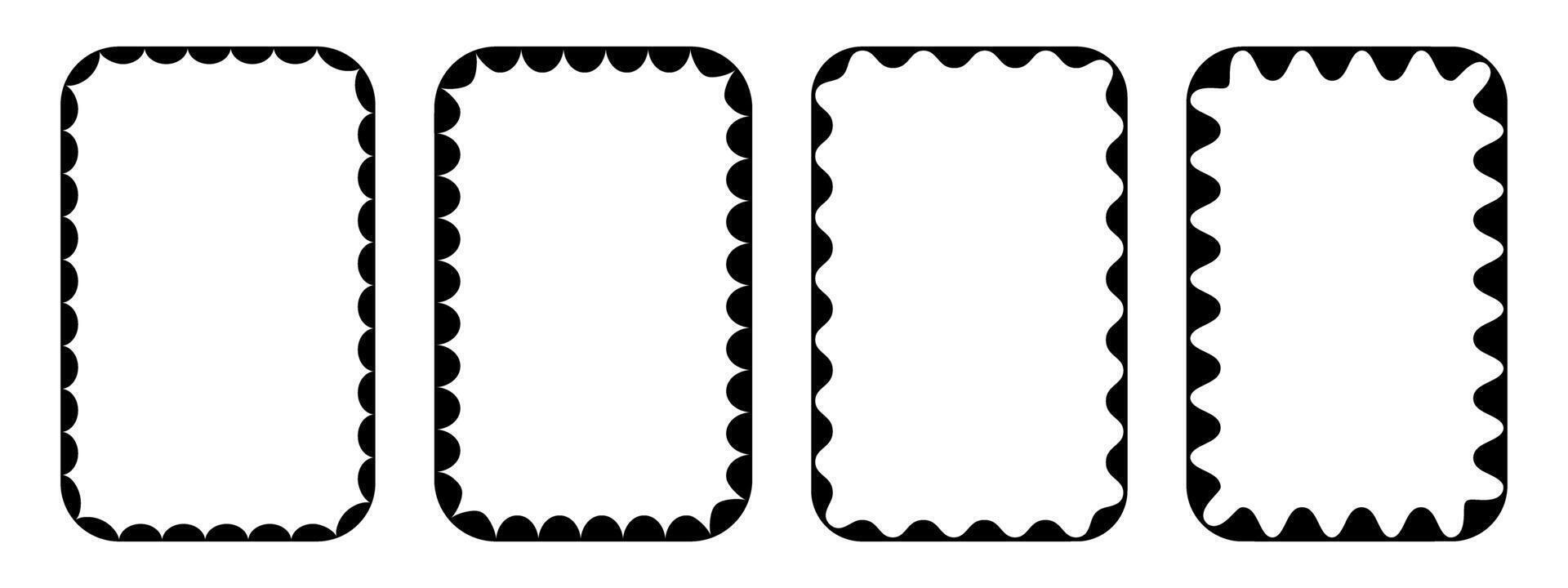 Set of rectangle photo or picture frames with wavy inner borders. Retro vignettes collection. Wiggly text box frameworks. Decoration design elements isolated on white background. illustration vector