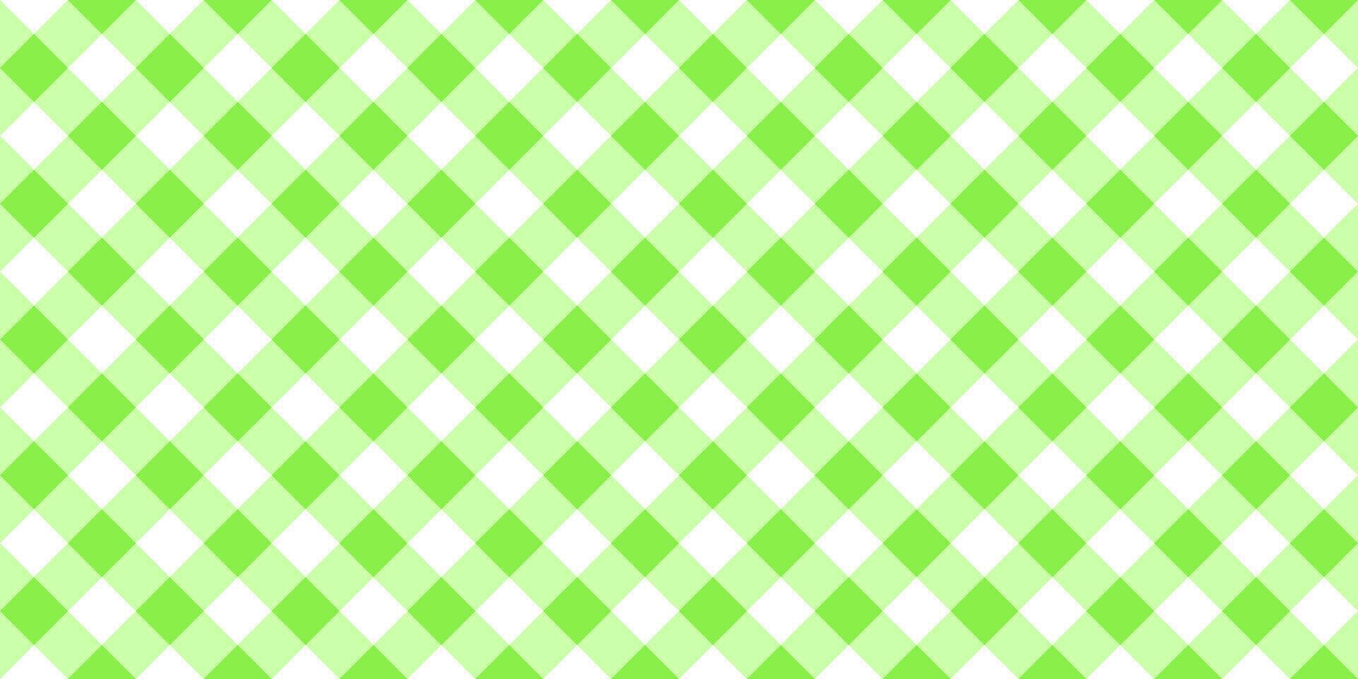 Gingham or vichy pattern with diagonal green and white squares. Checkered background. Spring or summer tablecloth, napkin, towel, handkerchief texture. Wrapping paper print. Picnic plaid design vector