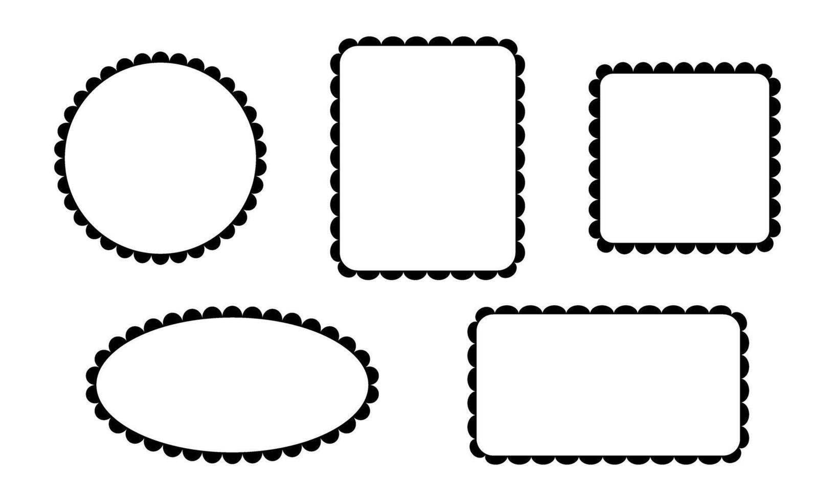 Set of round, square, rectangle and oval frames with wiggly borders. Tags, labels, stickers, text boxes templates with scallop edges isolated on white background. graphic illustration vector