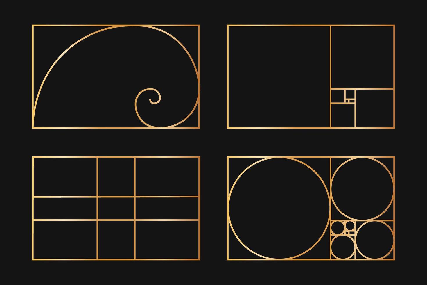 Collection of golden ratio templates. Logarithmic spiral. Fibonacci sequence as rectangle frames divided on lines, squares and circles. Perfect nature symmetry proportions grids vector