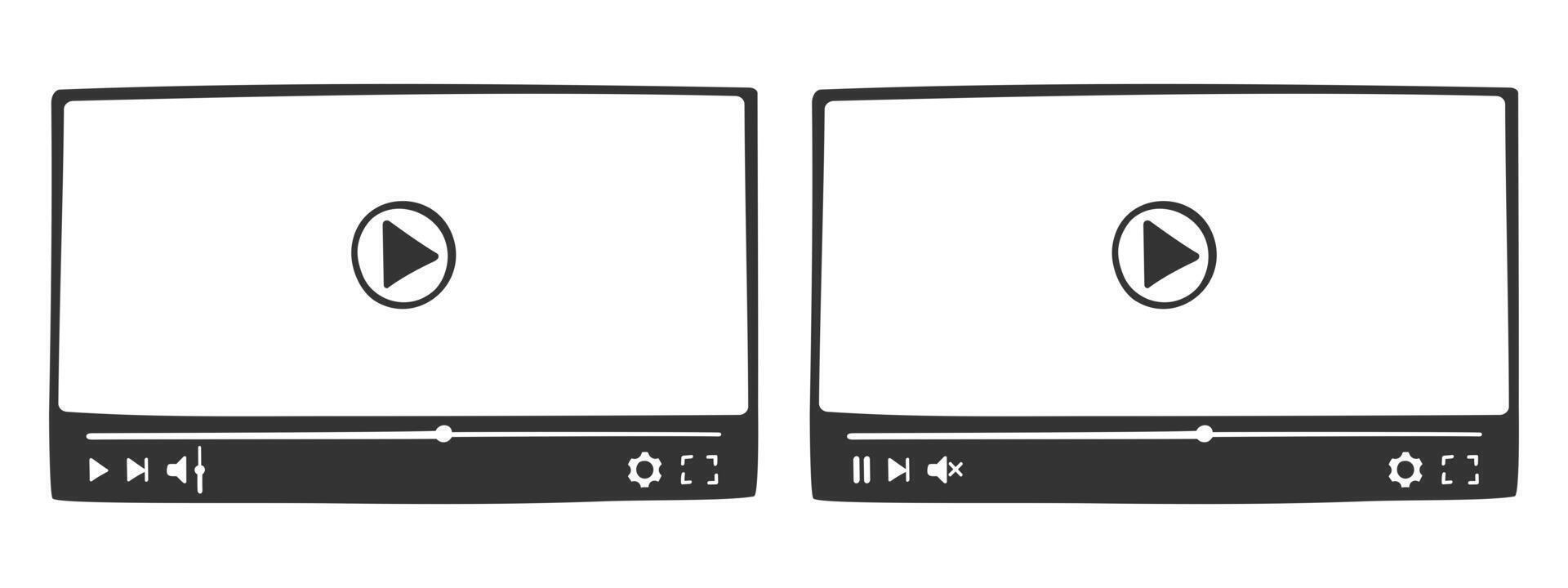 Player interfaces in doodle style. Hand drawn online film screens with progress slider bar and buttons. Multimedia app window templates for movie playing vector