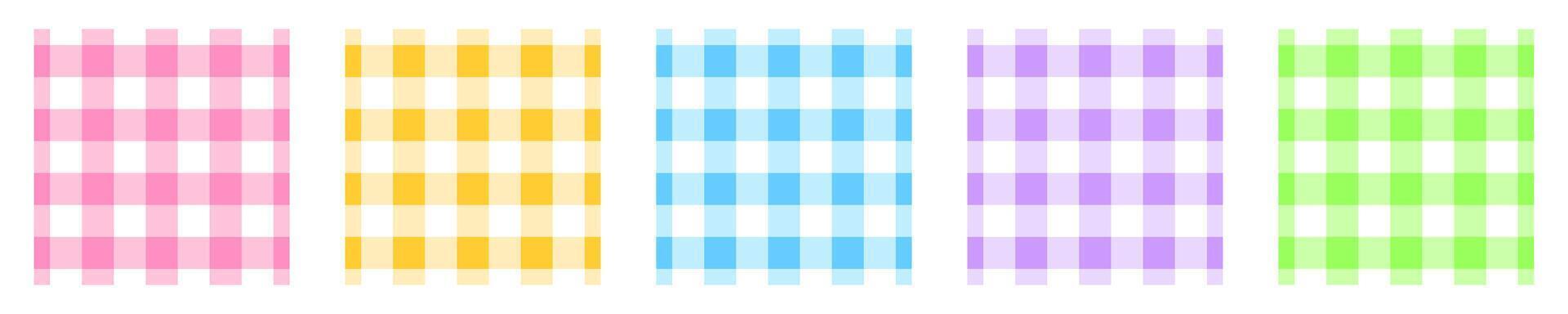 Set of gingham pattern samples. Checkered pastel textures for picnic plaid, tablecloth, napkin, blanket, handkerchief. Fabric geometric backgrounds. Retro textile designs vector