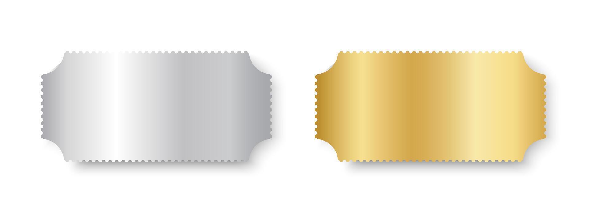 Silver and gold tickets mockups. Shining metallic raffle, win lottery, coupon offer templates. Cards for entrance or seating in luxury style. realistic illustration vector