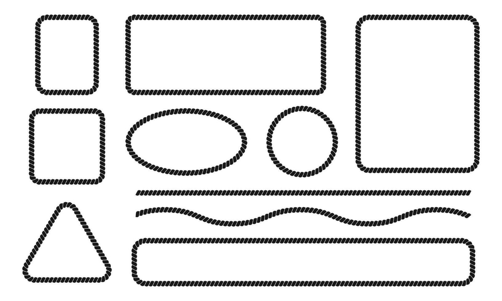 Set of rope or cord frames and borders. Rectangle, circle, oval, square, triangle shapes with thread or cable texture. Design elements in sailor, marine, sea, nautical style. flat illustration vector