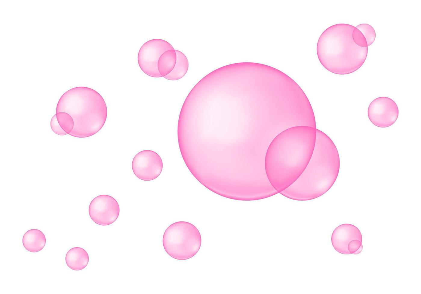Pink glass or plastic balls. Strawberry bubble gum texture. Soap foam, bath suds, cleanser liquid, sweet fizzy water. Glutathione, bakuchiol, rose oil, serum drops. realistic illustration vector