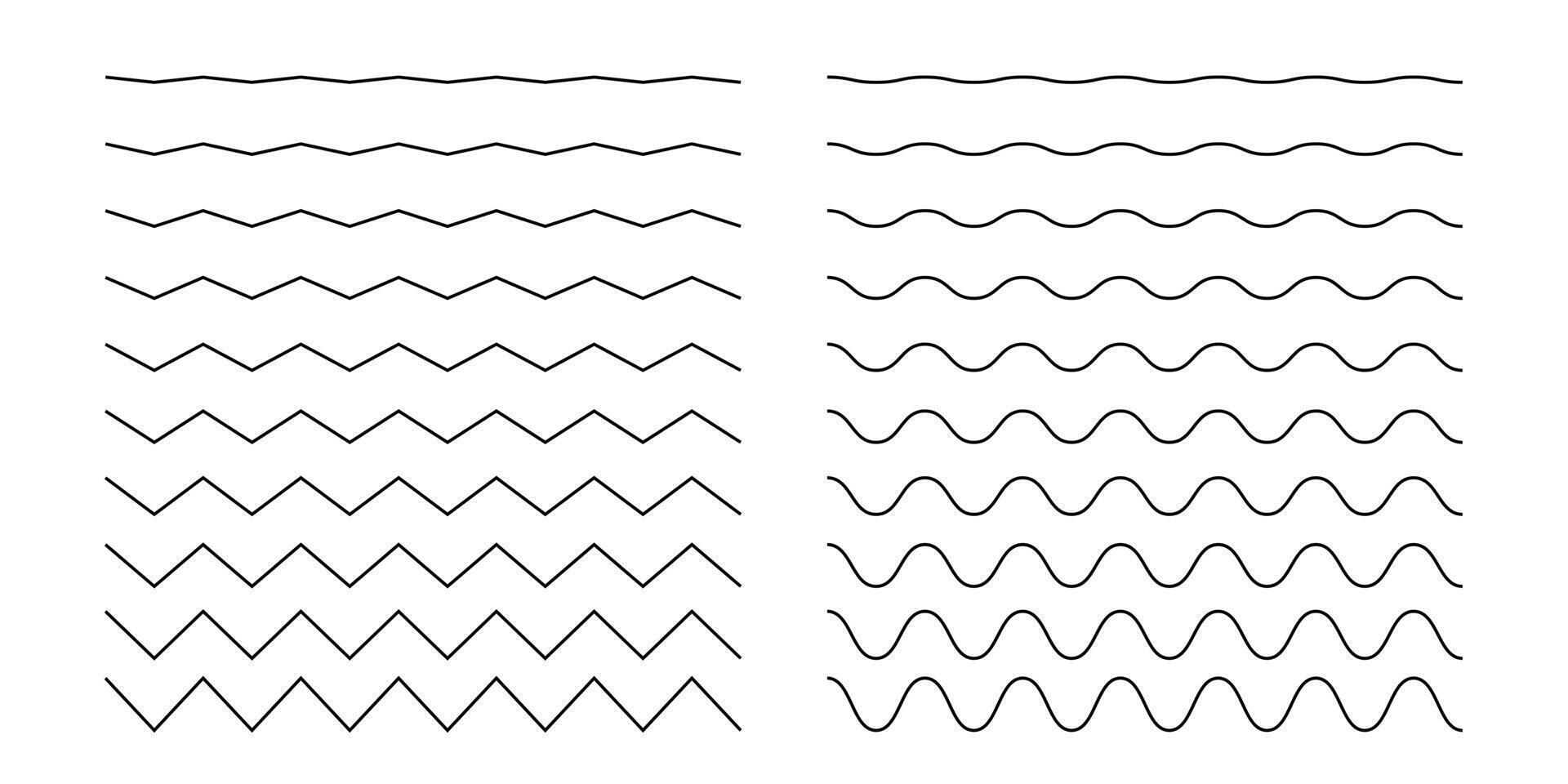 Wave and zigzag horizontal lines. Simple curvy and jagged decorative borders. Water, sea, ocean, river, air, wind signs. Corrugated outline textures vector