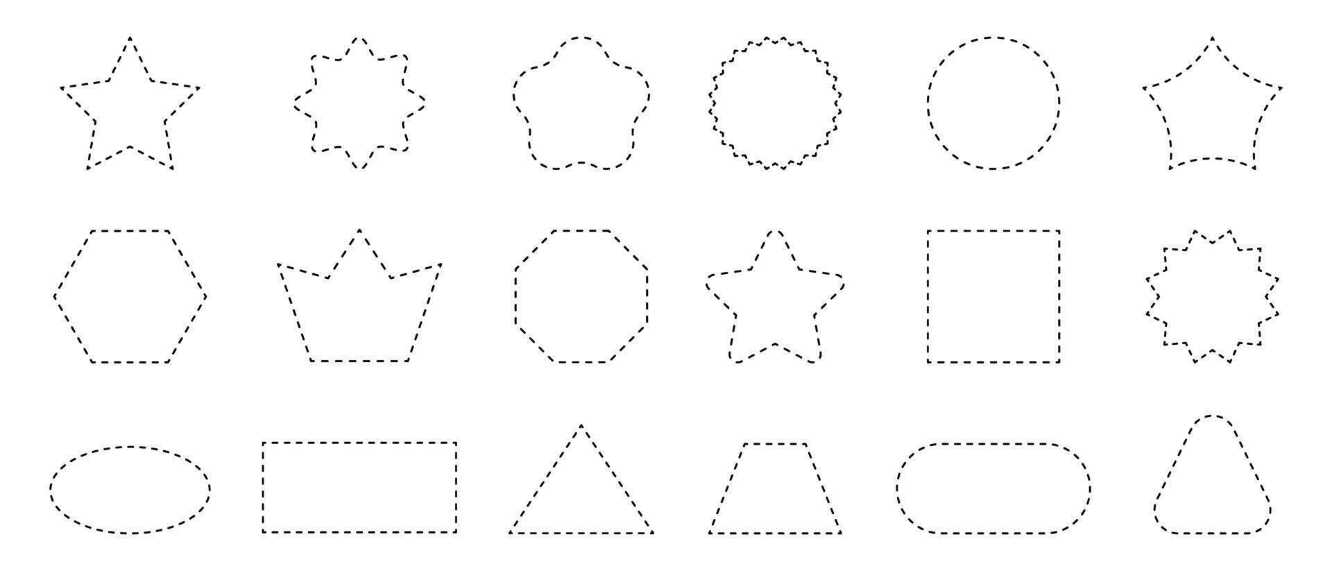 Set of geometric shapes with dashed lines. Dotted circle, square, rectangle, oval, star, crown and triangle figures isolated on white background. Cut here pictograms vector