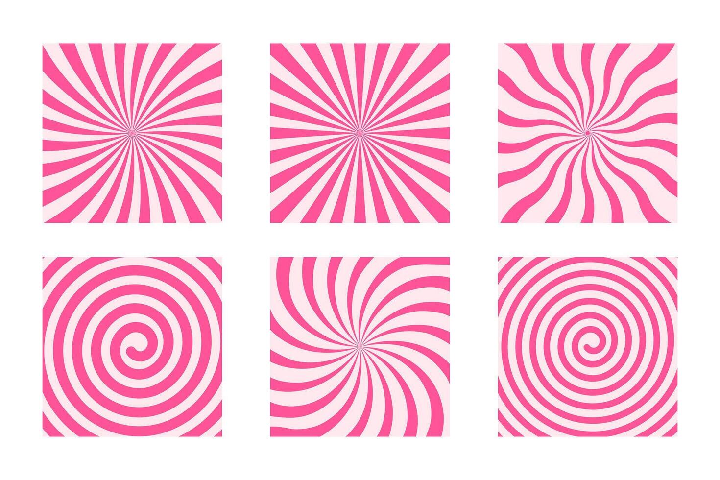 Set of cute lollipop backgrounds. Candy, ice cream, yogurt, caramel or marshmallow textures with radial pink stripes, twist and spiral design. Birthday or Christmas wallpapers vector