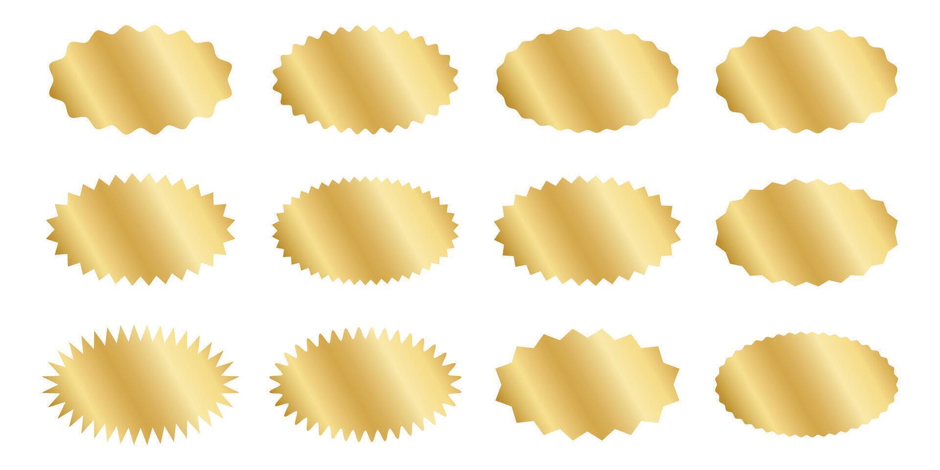 Set of silver and golden oval stickers with wiggle and zigzag borders. Shining labels, badges, price tags, coupons with undulated and jagged edges isolated on white background. illustration vector