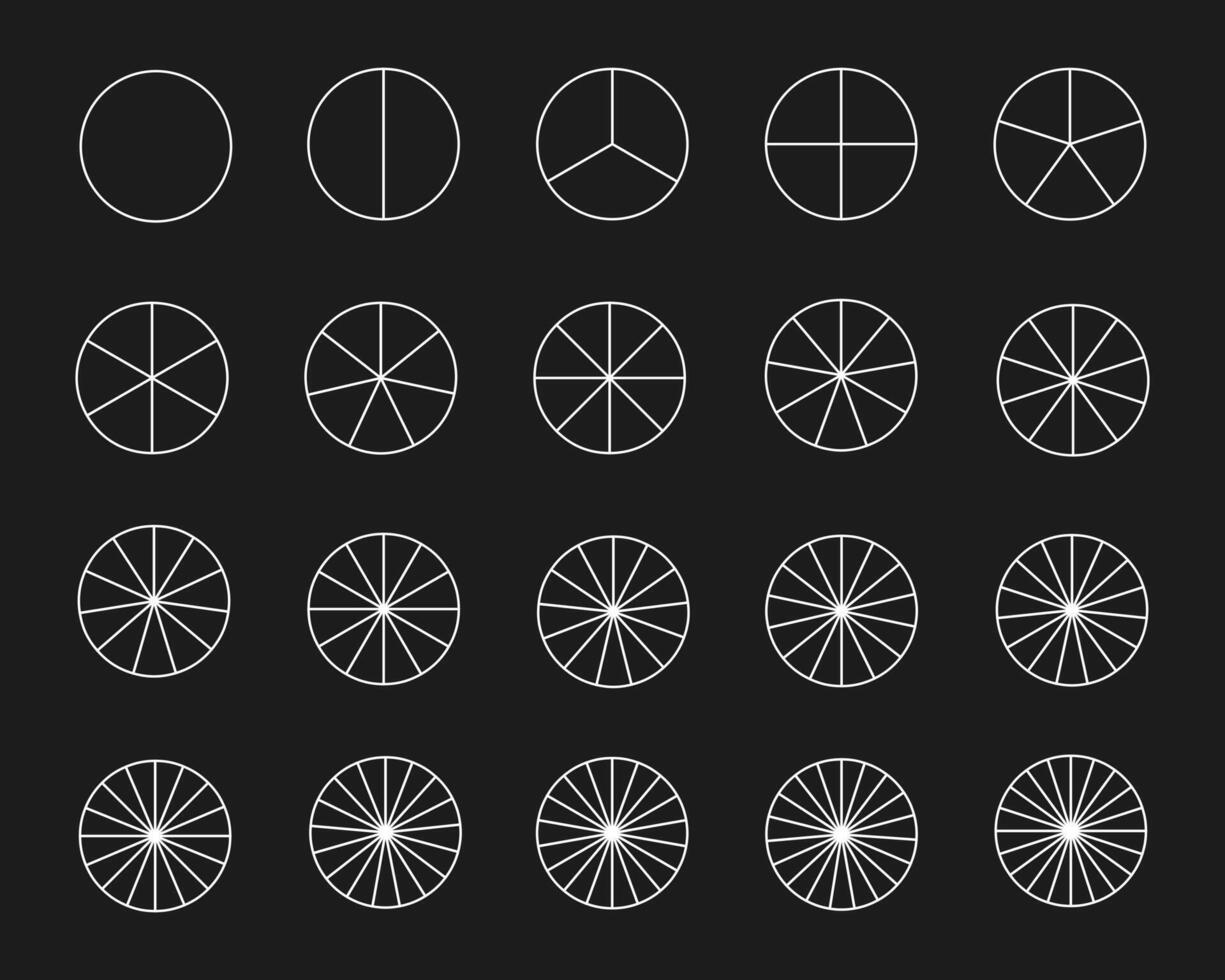 Circle divides into parts from 1 to 20. Round shapes cutting on equal slices. Set of white sector graphs. Donut, pizza or pie chart templates vector