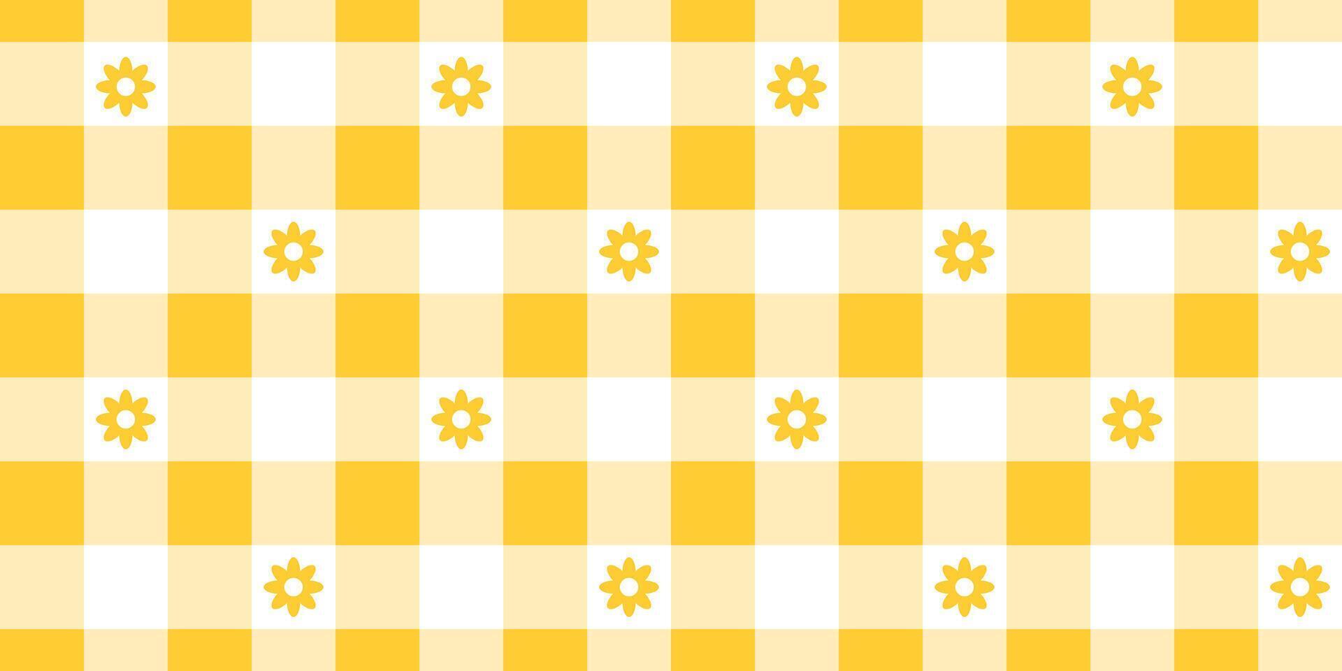 Gingham pattern with flowers. Checkered background with yellow and white squares. Spring or summer tablecloth, napkin, towel or handkerchief design. Wrapping or scrap paper print vector