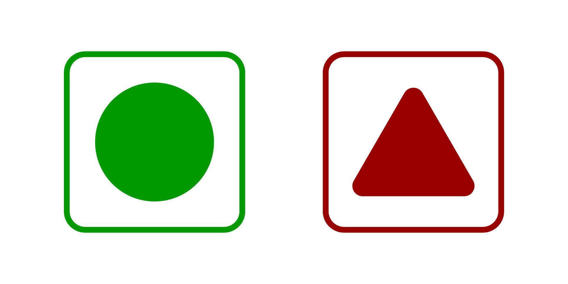 Green dot and red triangle in squares isolated on white background. Vegetarian and non-vegetarian icons. Vegan food stickers. flat illustration vector