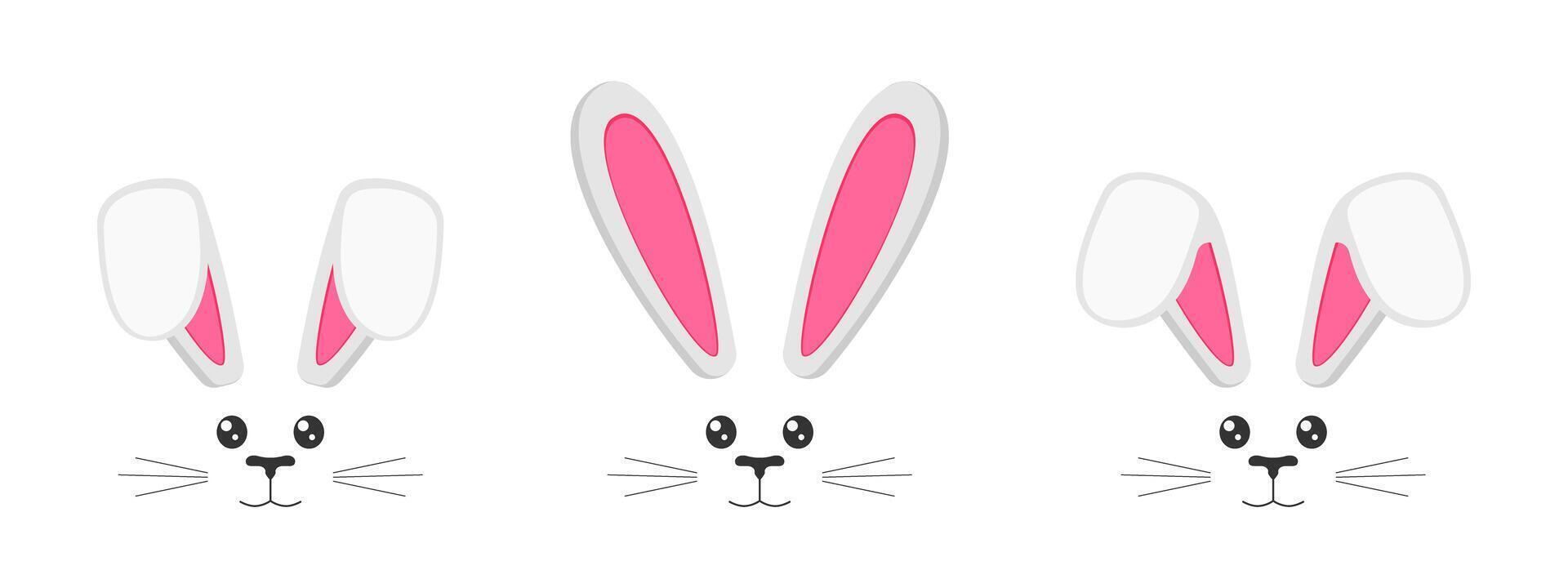 Set of cute bunny muzzles with ears, eyes, nose, mouth and whisker. Decoration elements for Easter party, photo shoots, greeting or invitation cards, celebration banners vector