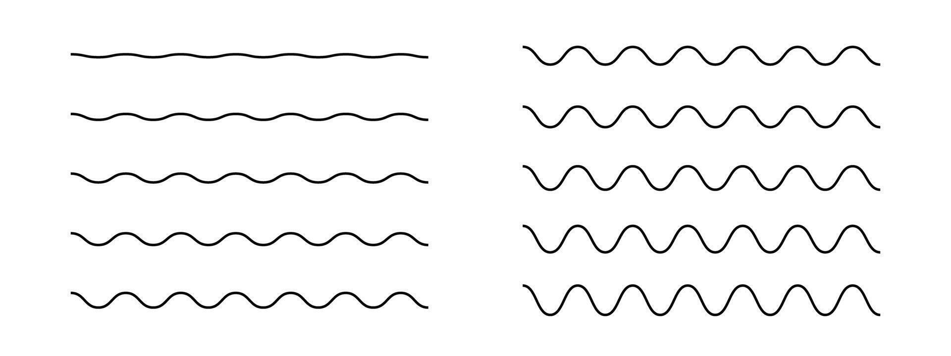 Set of horizontal wavy lines. Simple undulate borders. Sine, water, fluid, air or wind symbols isolated on white background. River, sea, lake or ocean signs. outline illustration vector