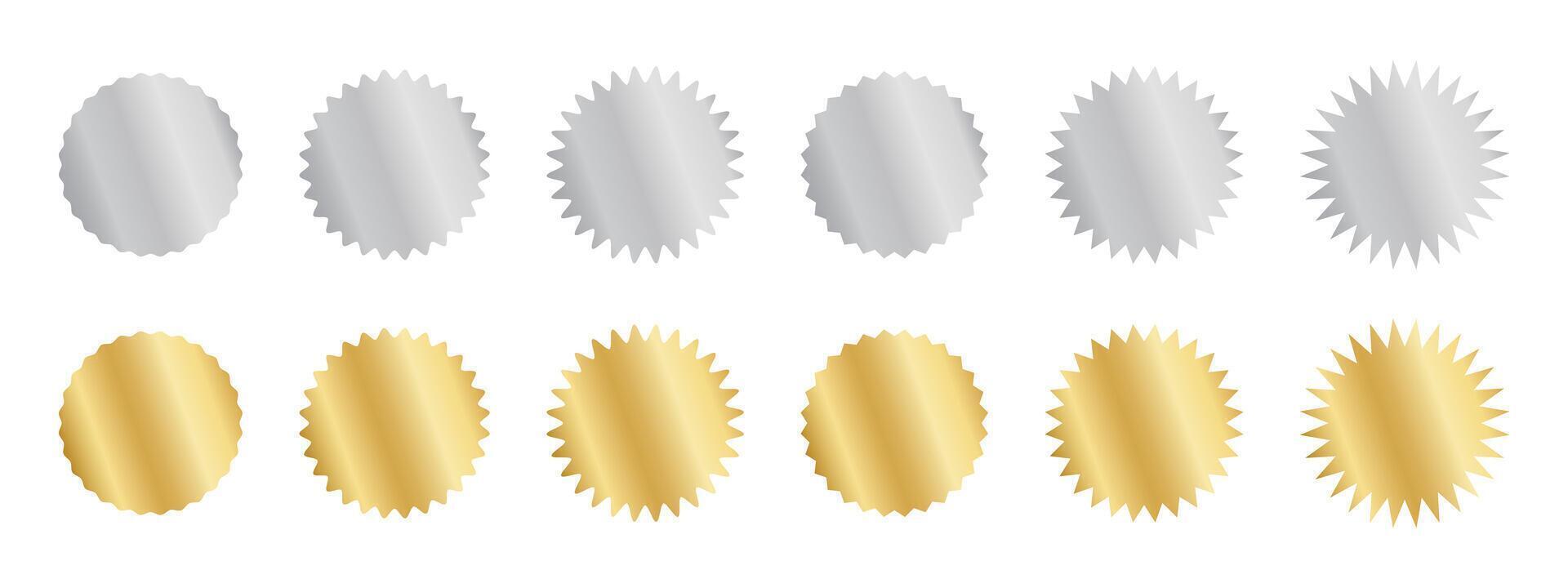 Set of silver and gold round stickers with wiggle and zigzag borders. Shining metallic labels, badges, price tags, coupons, stamps undulate shapes isolated on white background. illustration vector