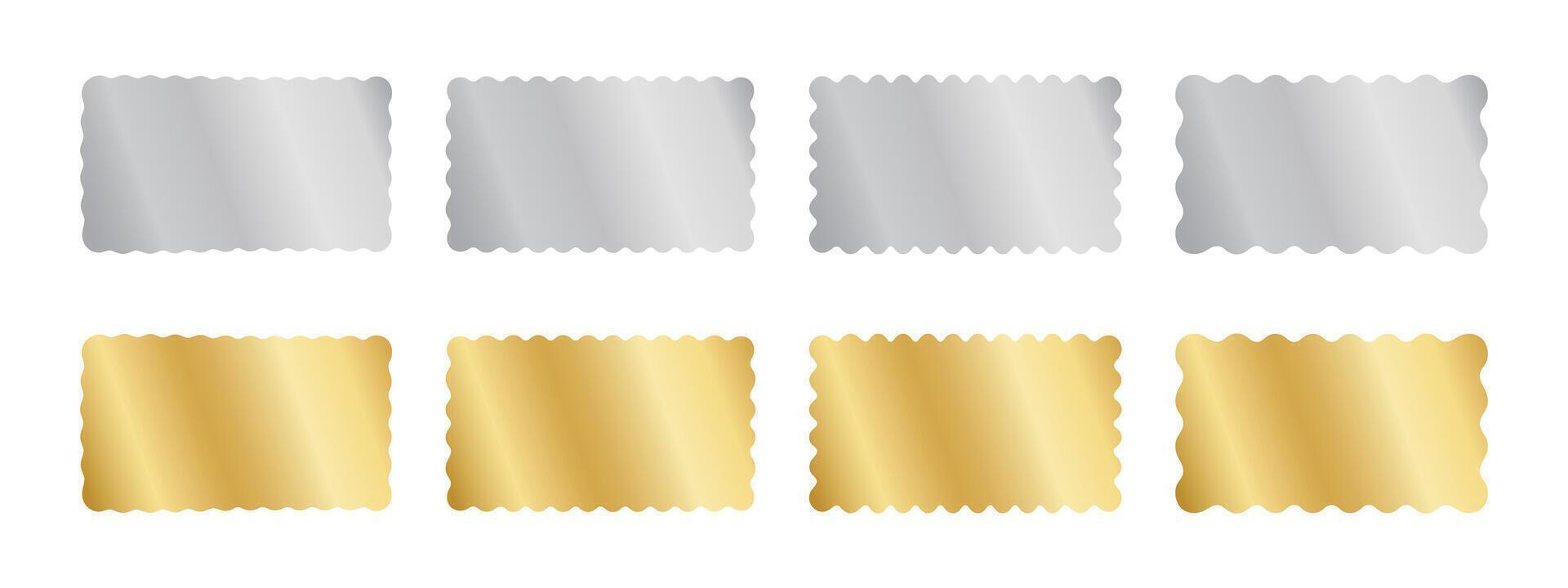 Set of silver and gold rectangle stickers with wavy borders. Shining rectangular labels, badges, price tags, coupons, promo codes, jackpot tickets templates with undulate edges. illustration vector