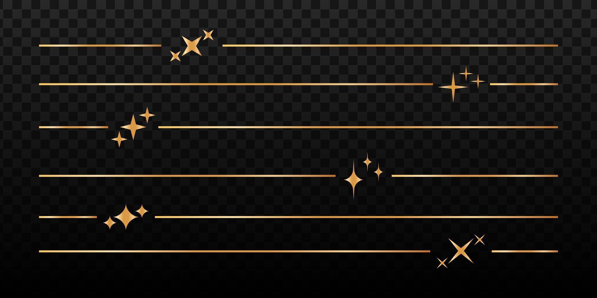 Set of golden page dividers isolated on dark background. Separate lines with star symbols. Cosmic, celestial, magic, mystic decorative elements. Elegant modern ornament. illustration vector