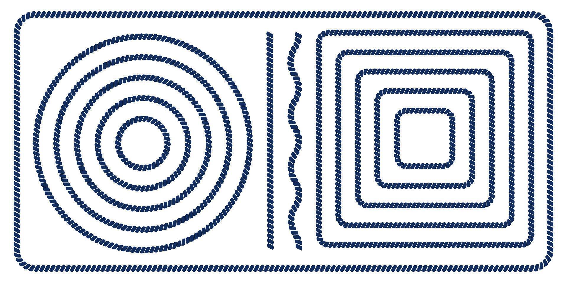 Set of round and square rope frames, straight and wavy cord borders isolated on white background. Thread, twine, jute, cable elements. Maritime, yacht, sea, ocean ornaments vector