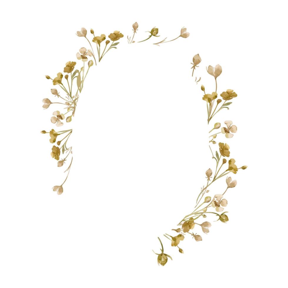 Beige wild flowers in circle frame isolated on white. Monochrome floral wreath in watercolor sepia color. Abstract flowers hand drawn in brown. Design of branding, package, wedding card vector