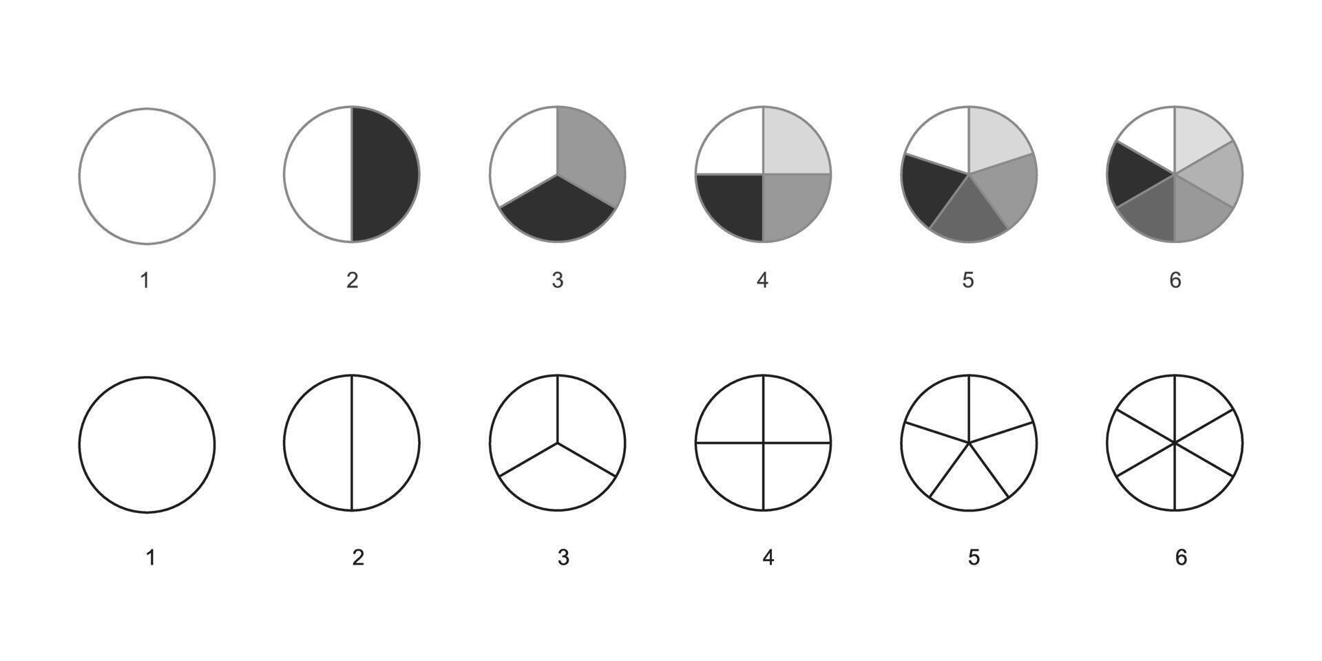 Circle divides into parts from 1 to 6. Donut, pizza or pie chart templates. Round shapes cut in equal slices. Set of wheel diagrams isolated on white background vector
