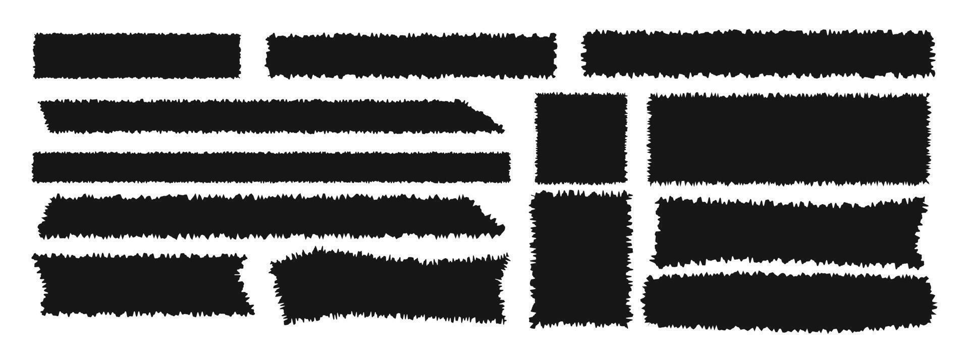 Set of different torn paper textures. Black rectangle shapes with ripped edges isolated on white background. Blank jagged textbox, tag, patch, tape templates vector