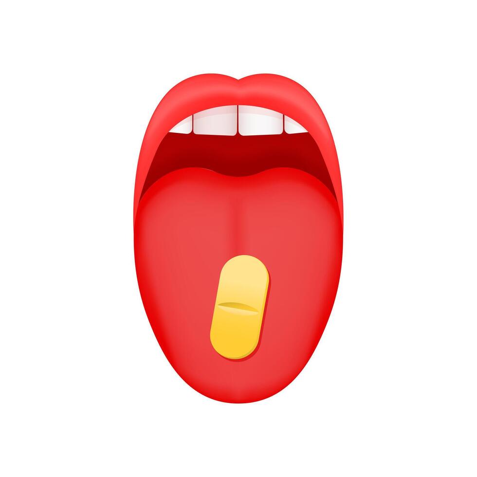 Open mouth with tongue sticking out and yellow capsule on them isolated on white background. Taking medicine or drugs concept. cartoon illustration vector