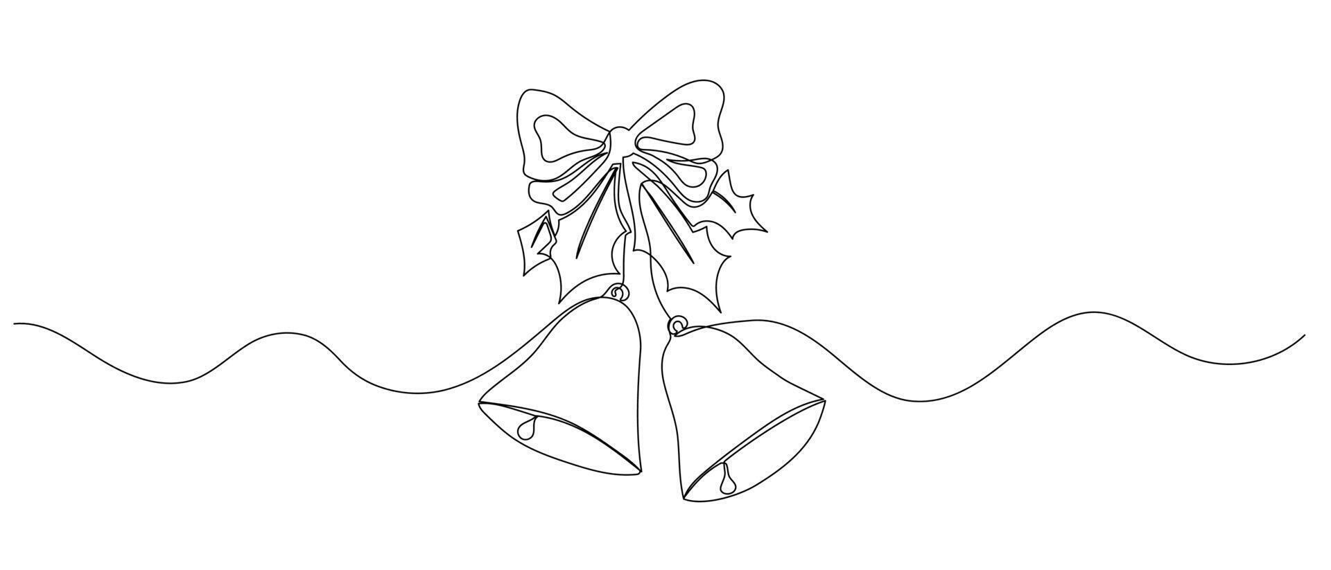 Christmas bells one line illustration. Hand drawn sketch on white background vector