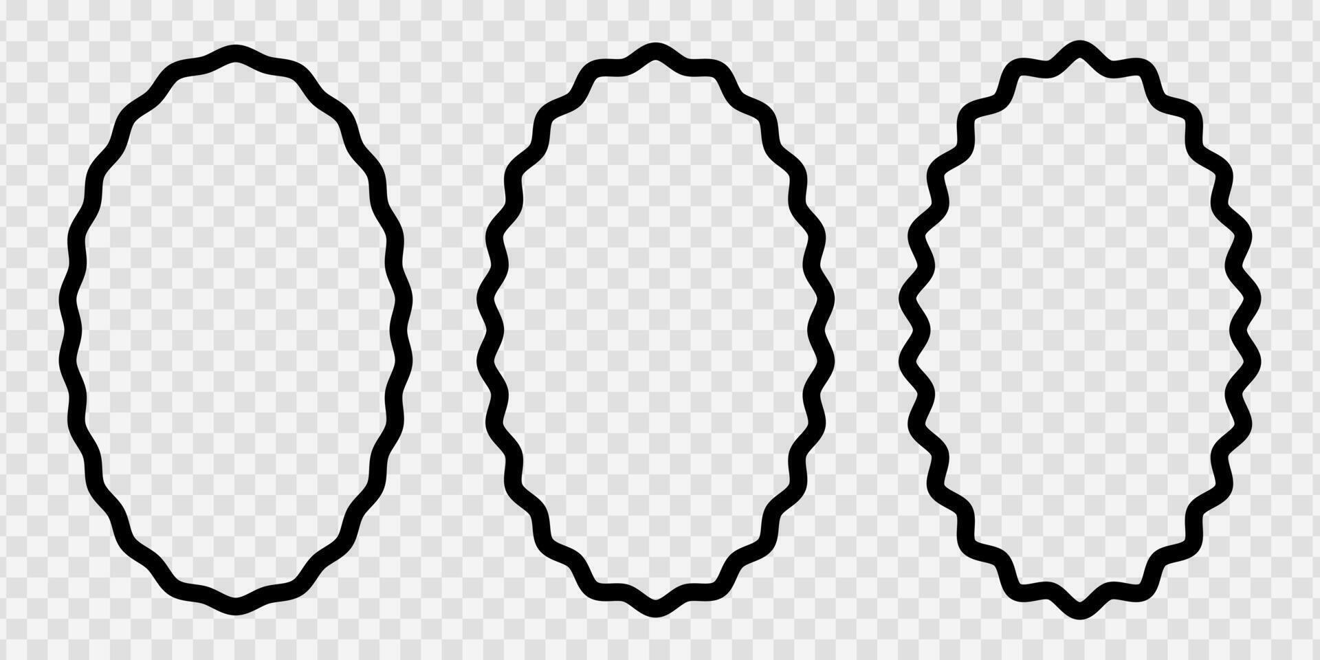 Set of oval photo or picture frames with wiggly borders. Vignette shapes with squiggly, wavy, undulated, serrated borders isolated on white background. graphic illustration vector
