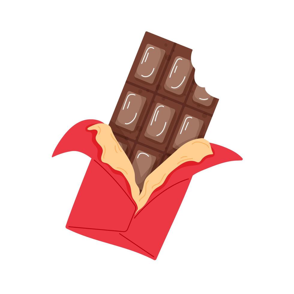 Bitten chocolate bar in a vibrant red wrapper in mocha mousse color. Cartoon style sweet treat for Valentines Day themes. Isolated on white background. vector