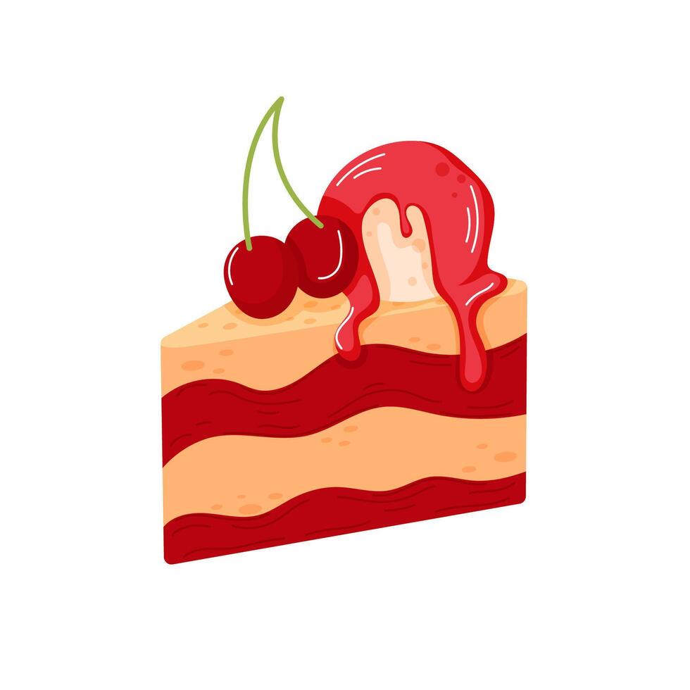 Slice of layered cherry cake with red filling, topped with cherries and dripping glaze in cartoon style. A sweet dessert perfect for celebration, romantic theme or festive occasion. vector