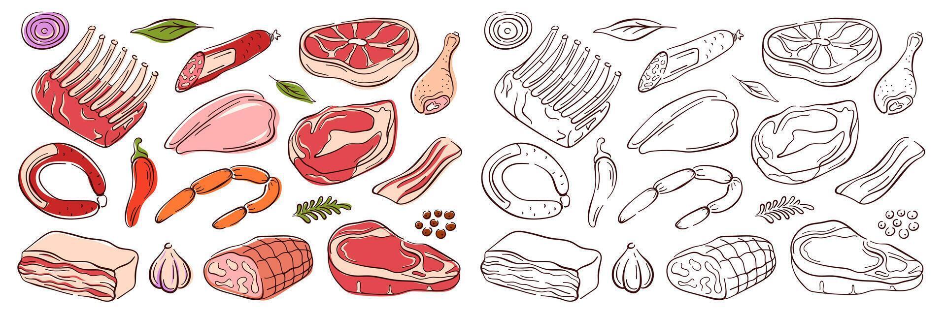 Set of meat products sausage, meat, steak, chicken leg, fillet, ribs, steak, bacon, ham and vegetable. Line art flat design of pieces of meat. Isolated on white background. vector