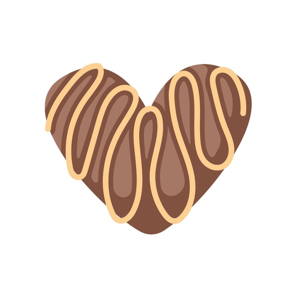 Heart shaped chocolate candy in mocha mousse color with caramel drizzle in flat style. Perfect for Valentines Day, romantic theme and delicious dessert design. vector
