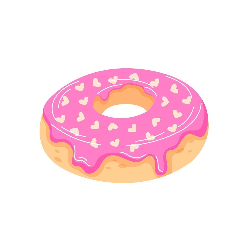 Pink frosted donut with heart shaped sprinkles in cartoon style. A delicious and decorative dessert for Valentine Day, romantic theme and sweet celebration. vector
