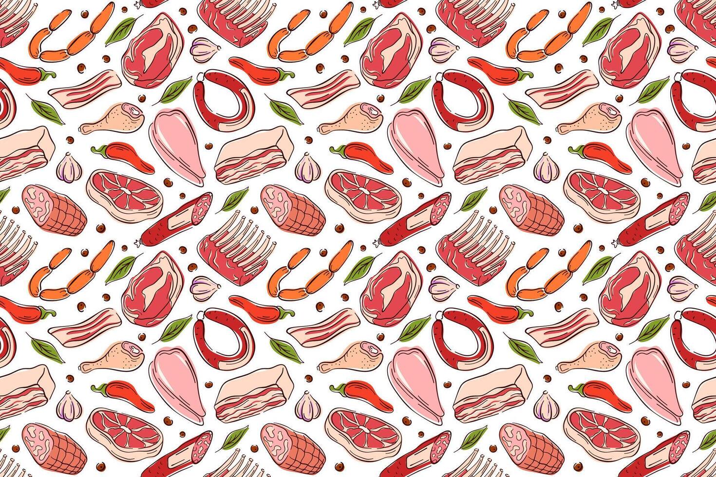 Seamless meat pattern in flat style with different meats on a white background. Steak, sausage, ribs and vegetable. Perfect for culinary project, packaging or restaurant menu. vector