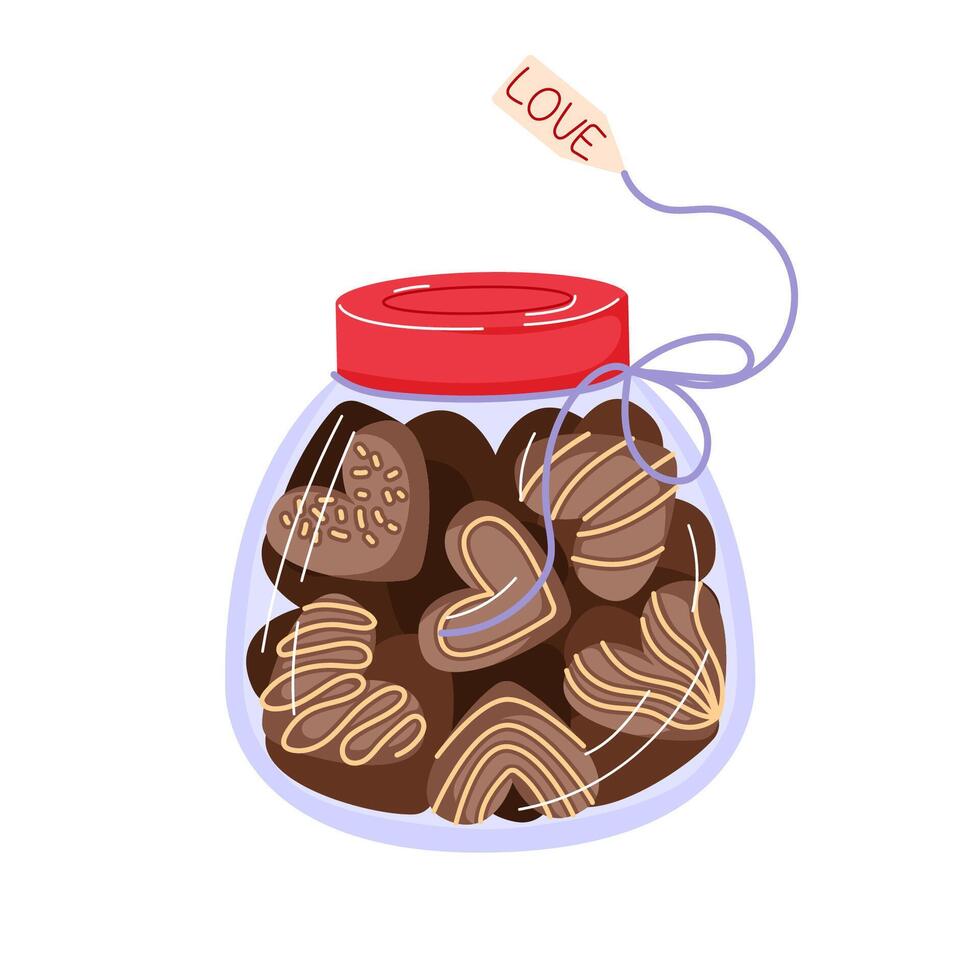 Jar filled with heart shaped chocolate in cartoon style. Perfect for Valentines Day, romance themed project or bakery. Isolated on white background. vector